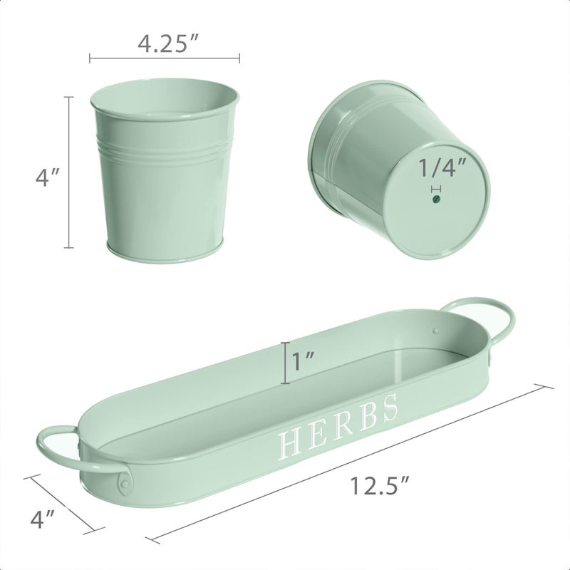 Barnyard Designs Indoor Herb Garden Planter Set with Tray, Metal Windowsill Plant Pots with Drainage for Outdoor or Indoor Plants, Set/3 (Soft Mint) - Image 4